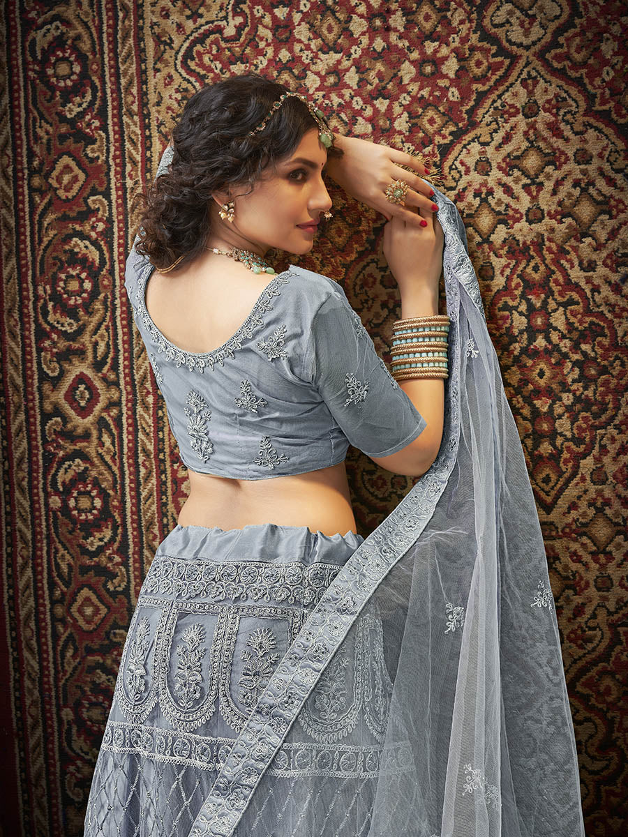 Myra Grey Heavy Embroidered Net Lehenga | Grocsy