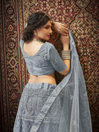 Myra Grey Heavy Embroidered Net Lehenga | Grocsy