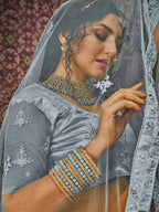 Myra Grey Heavy Embroidered Net Lehenga | Grocsy