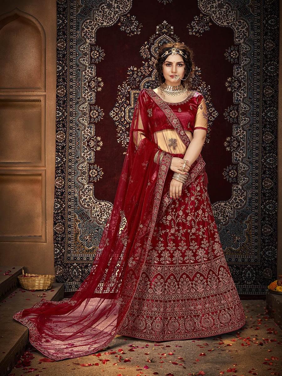 Myra Maroon Ocean Heavy Embroidered Net Lehenga | Grocsy