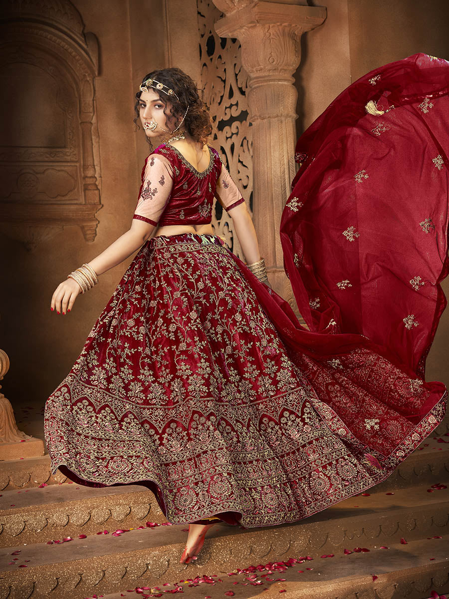 Myra Maroon Ocean Heavy Embroidered Net Lehenga | Grocsy