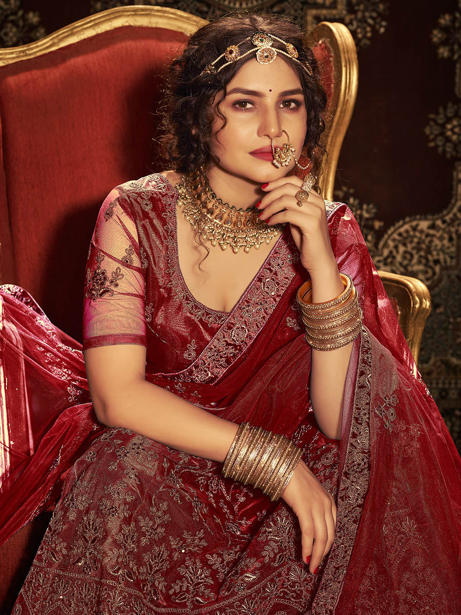 Myra Maroon Ocean Heavy Embroidered Net Lehenga | Grocsy