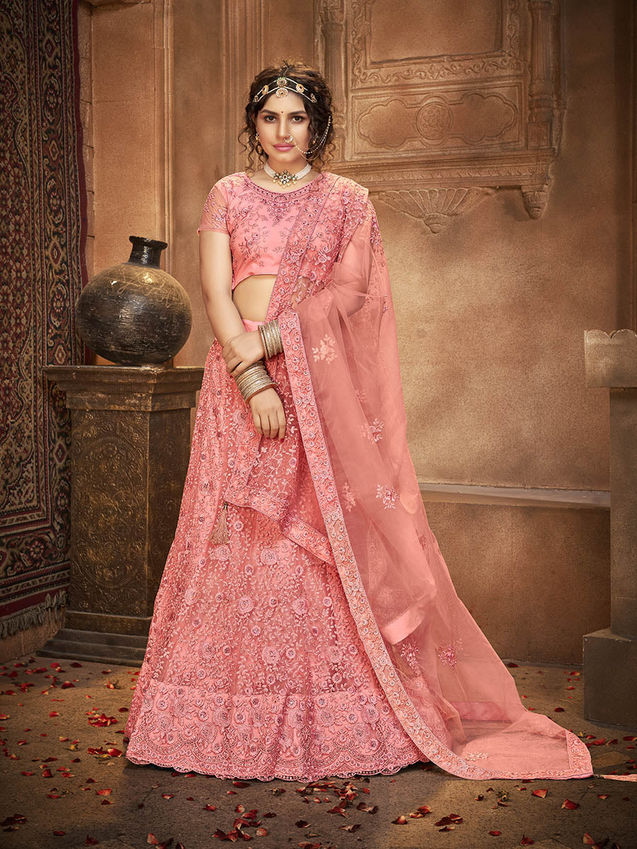 Myra Blush Heavy Embroidered Net Lehenga | Grocsy
