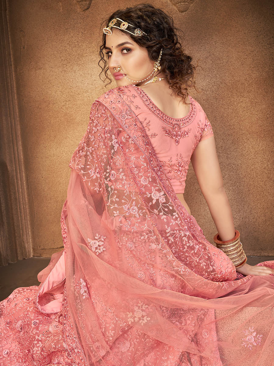 Myra Blush Heavy Embroidered Net Lehenga | Grocsy