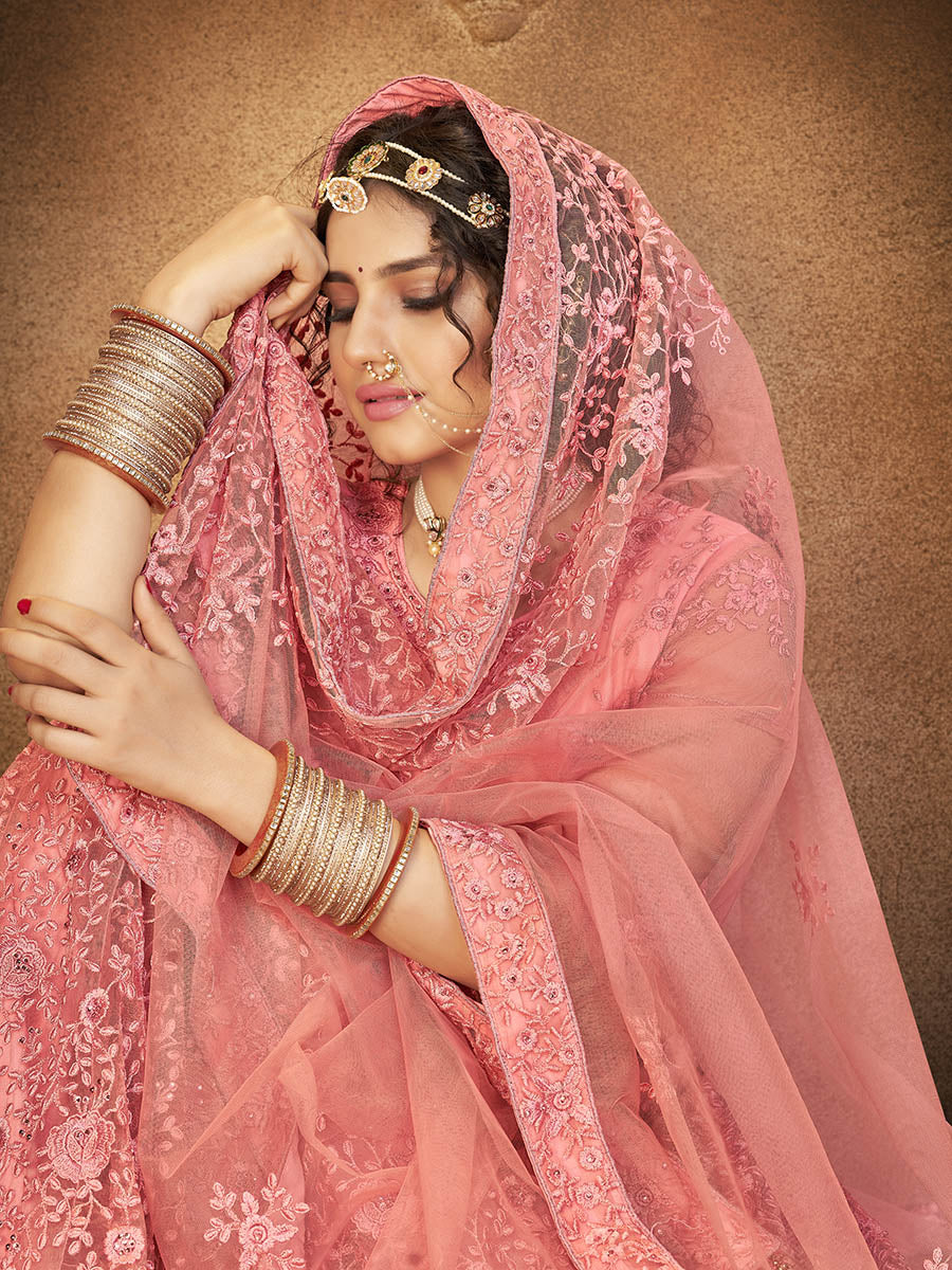 Myra Blush Heavy Embroidered Net Lehenga | Grocsy