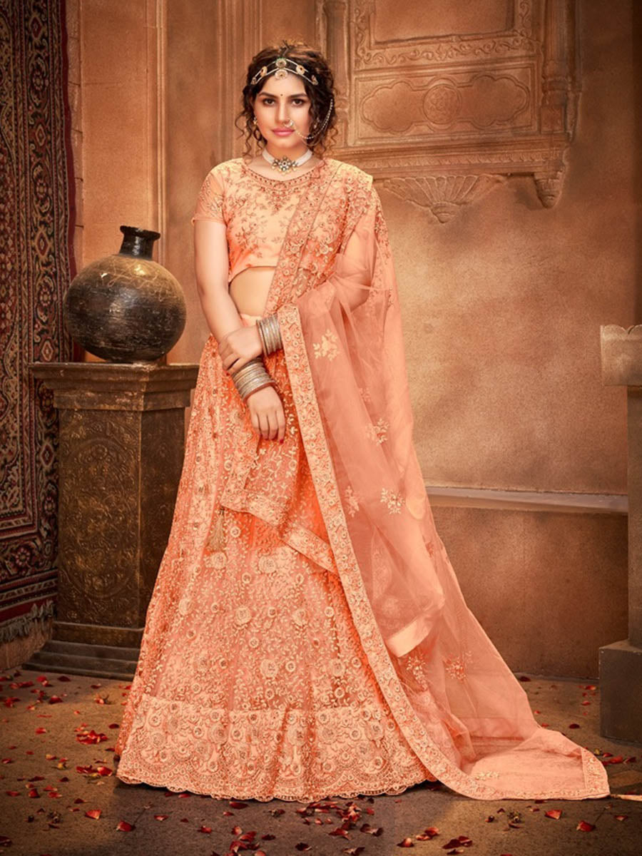 Myra Peach Heavy Embroidered Net Lehenga | Grocsy
