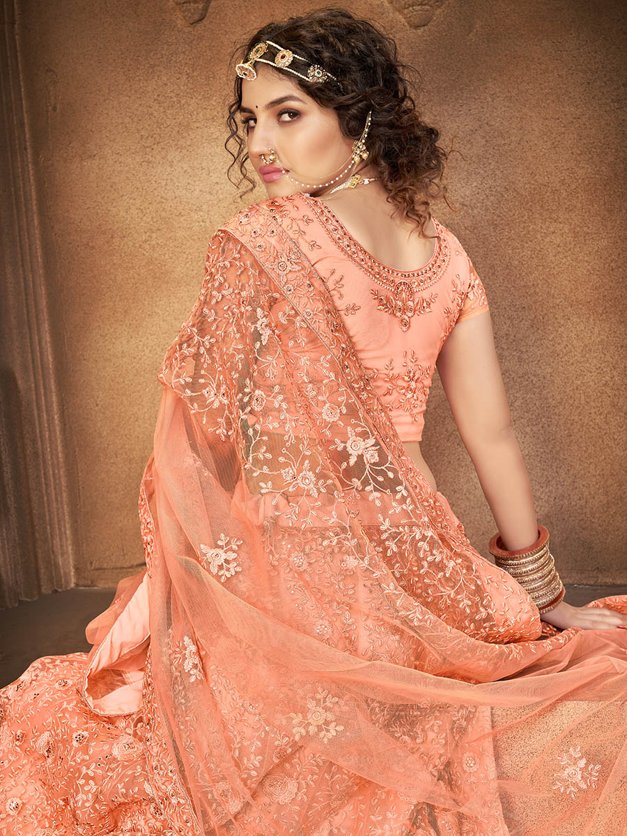 Myra Peach Heavy Embroidered Net Lehenga | Grocsy