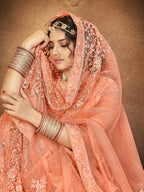 Myra Peach Heavy Embroidered Net Lehenga | Grocsy