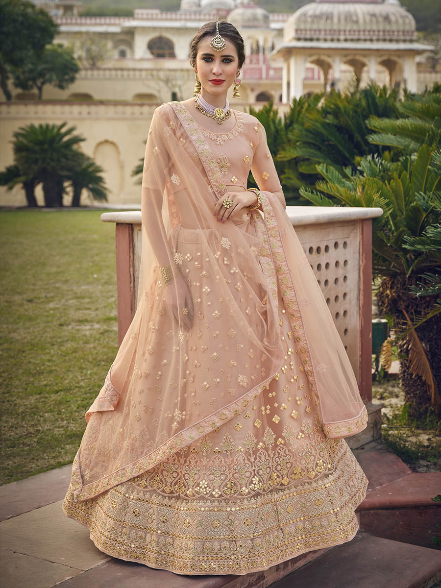 Myra Blush Net Heavy Embroidered Designer Lehenga | Grocsy