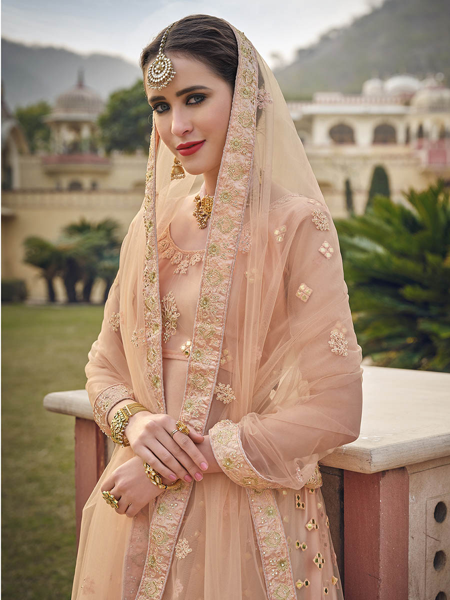 Myra Blush Net Heavy Embroidered Designer Lehenga | Grocsy