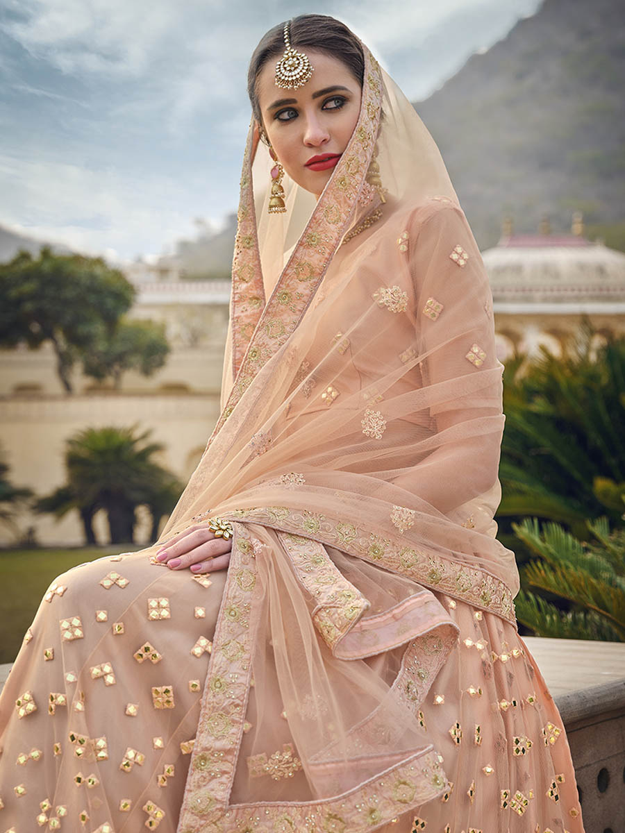 Myra Blush Net Heavy Embroidered Designer Lehenga | Grocsy