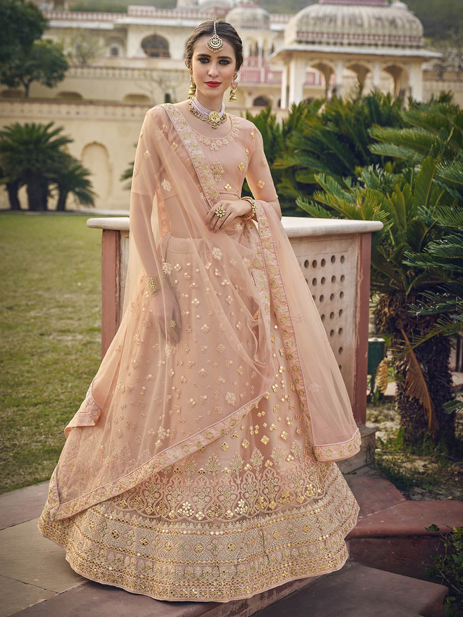 Myra Blush Net Heavy Embroidered Designer Lehenga | Grocsy