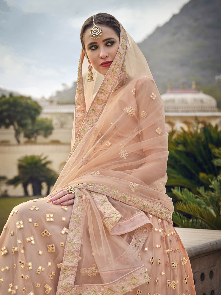 Myra Blush Net Heavy Embroidered Designer Lehenga | Grocsy