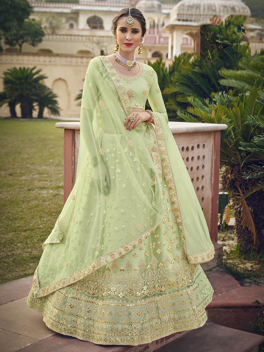 Myra Mint Green Net Heavy Embroidered Designer Lehenga | Grocsy