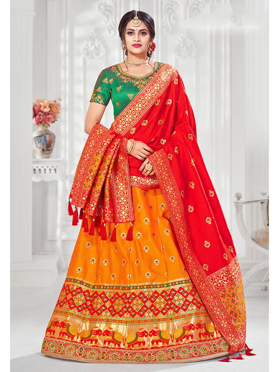 Myra Multicolour Jaquard Silk Designer Lehenga For Girls | Grocsy