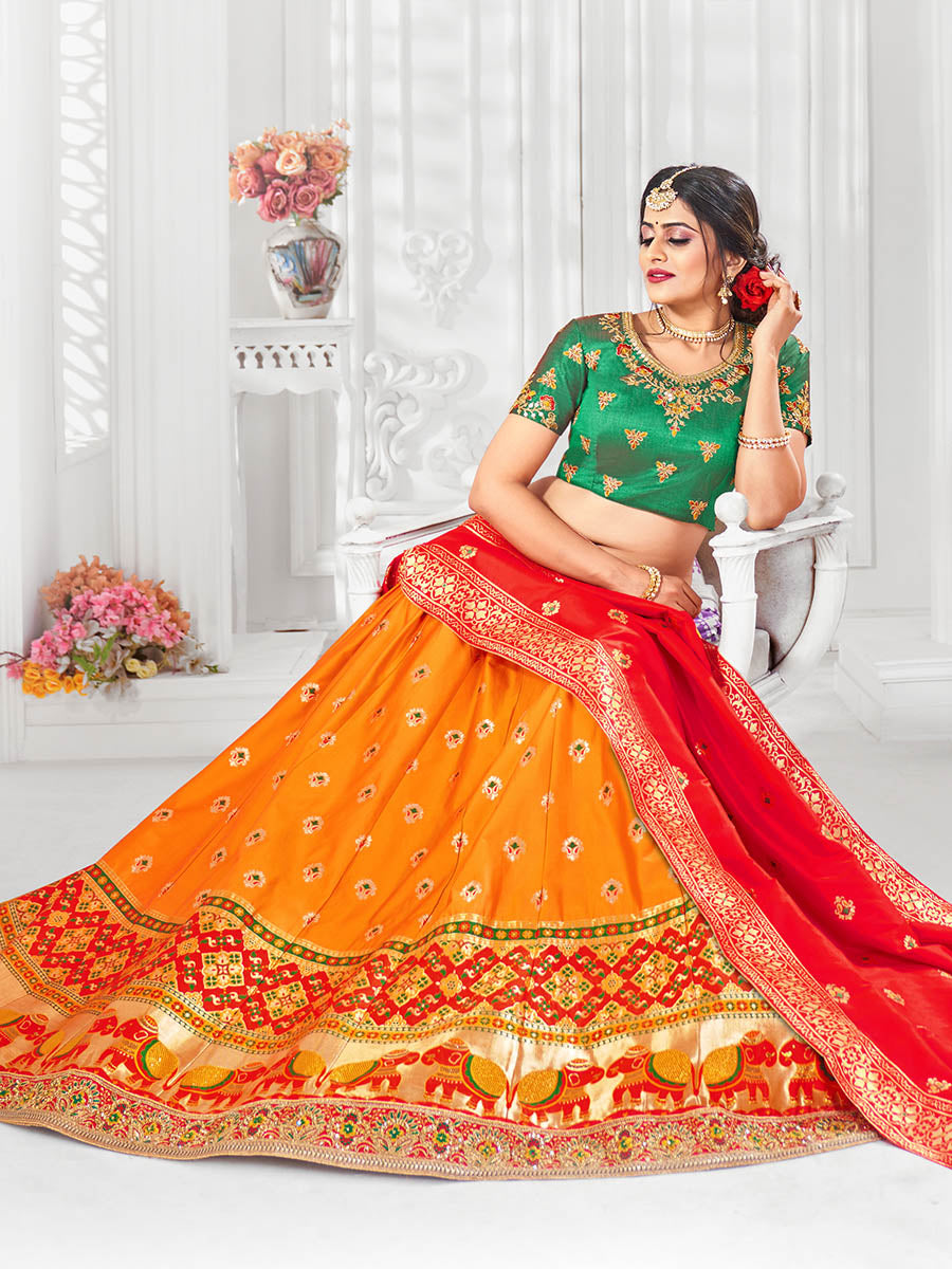 Myra Multicolour Jaquard Silk Designer Lehenga For Girls | Grocsy