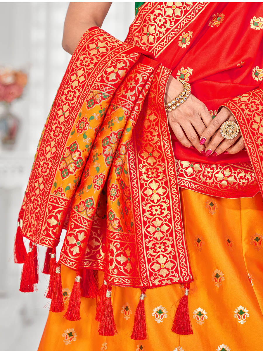 Myra Multicolour Jaquard Silk Designer Lehenga For Girls | Grocsy