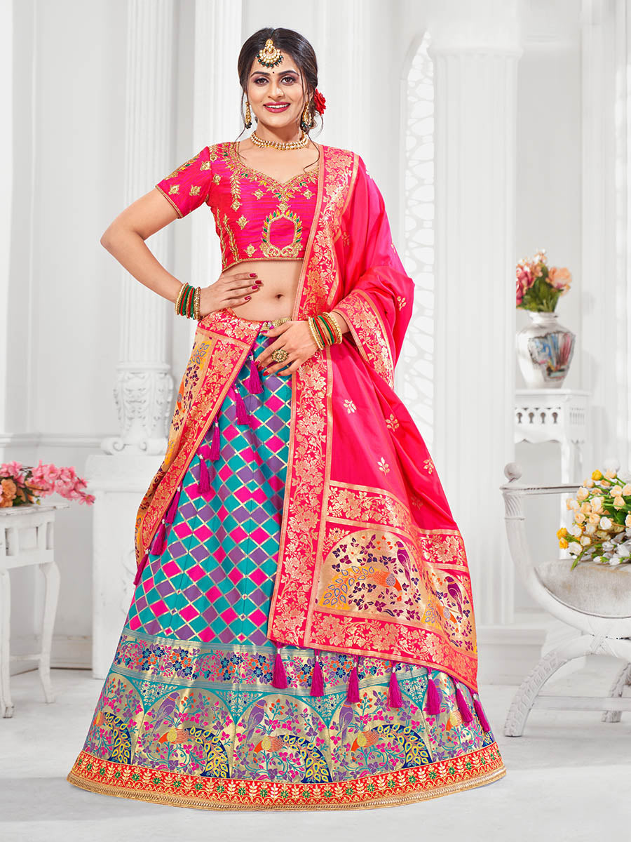 Myra Multicolour Jaquard Silk Lehenga | Grocsy