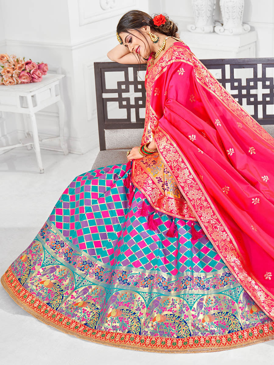 Myra Multicolour Jaquard Silk Lehenga | Grocsy