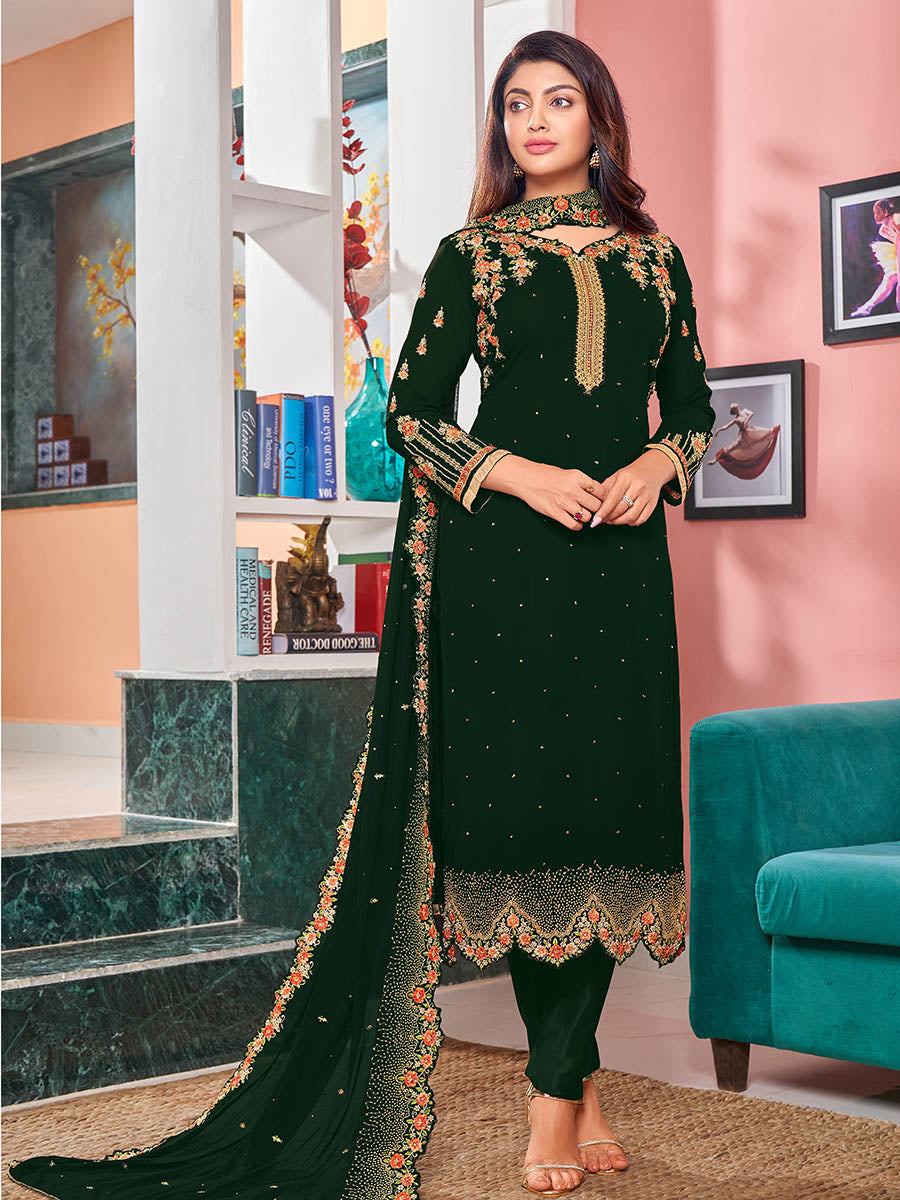 Myra Deep Green Heavy Faux Georgette Embroidered Churidar Suit | Grocsy