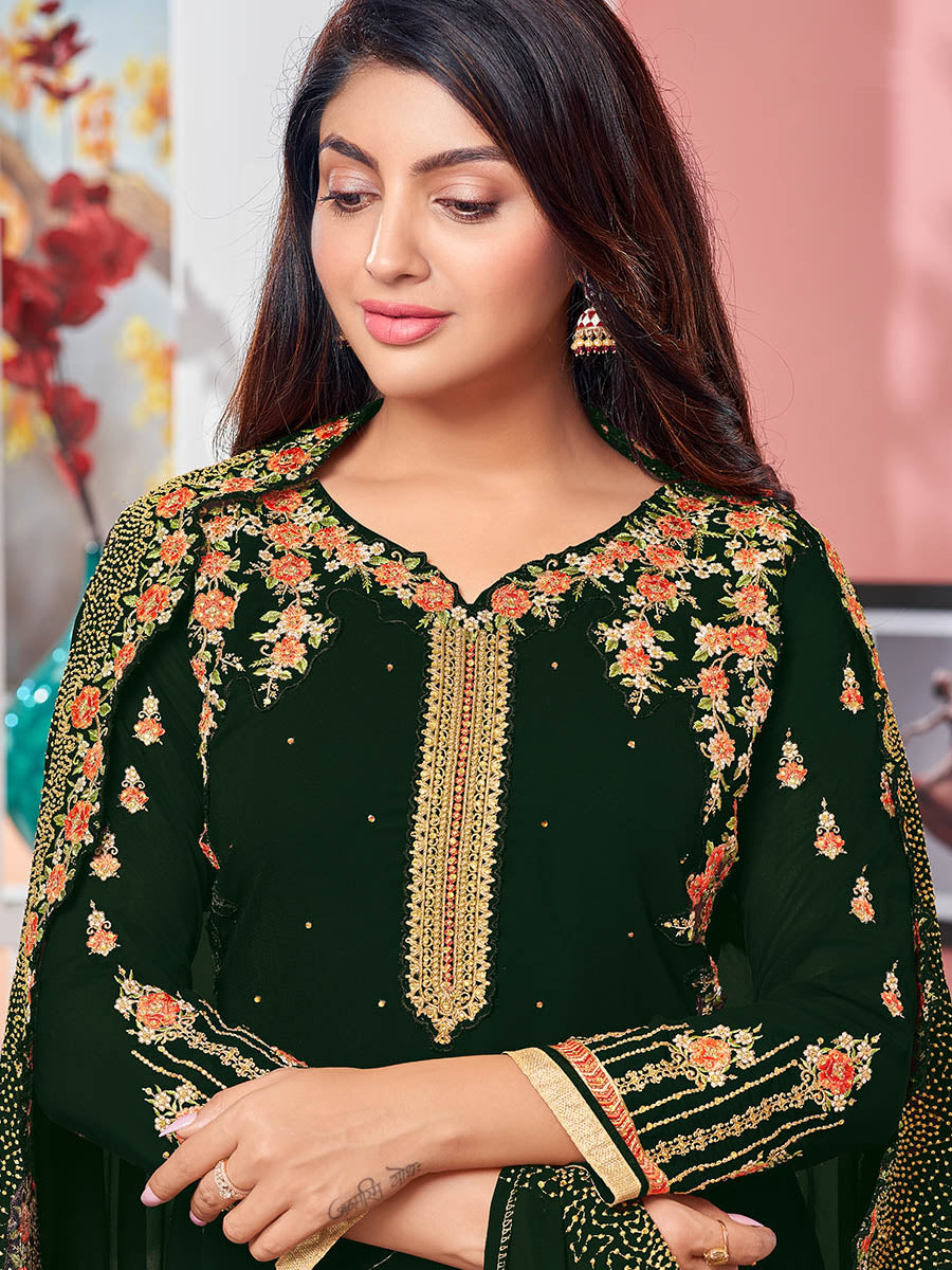 Myra Deep Green Heavy Faux Georgette Embroidered Churidar Suit | Grocsy