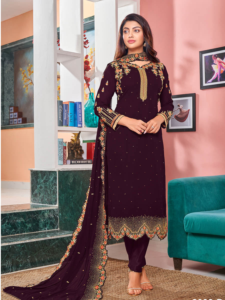 Myra Magenta Heavy Faux Georgette Embroidered Churidar Suit | Grocsy