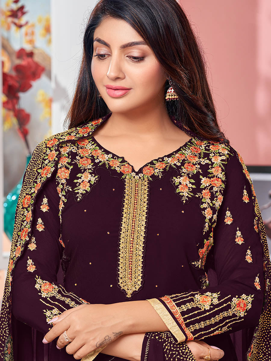 Myra Magenta Heavy Faux Georgette Embroidered Churidar Suit | Grocsy
