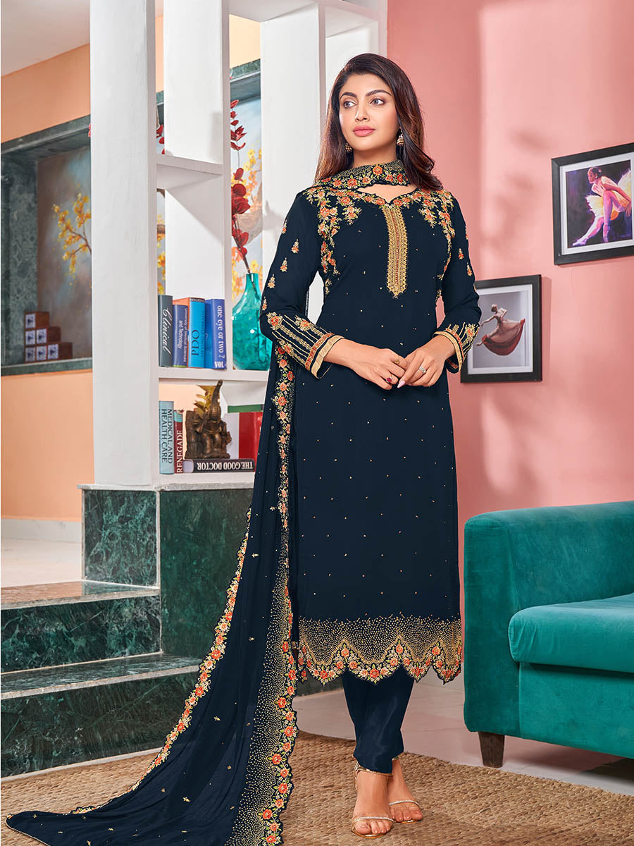 Myra Navy Blue Heavy Faux Georgette Embroidered Churidar Suit | Grocsy