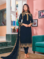 Myra Navy Blue Heavy Faux Georgette Embroidered Churidar Suit | Grocsy
