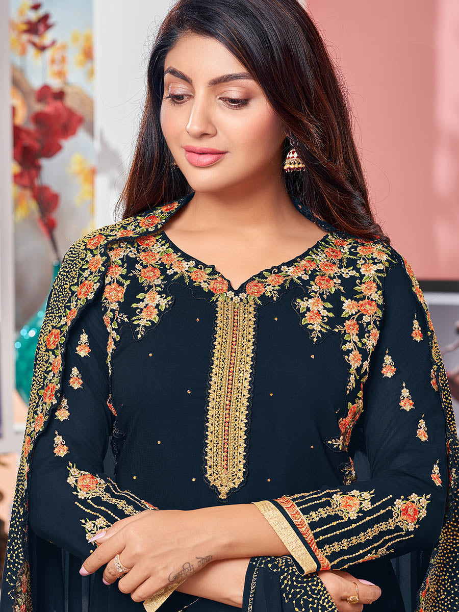 Myra Navy Blue Heavy Faux Georgette Embroidered Churidar Suit | Grocsy