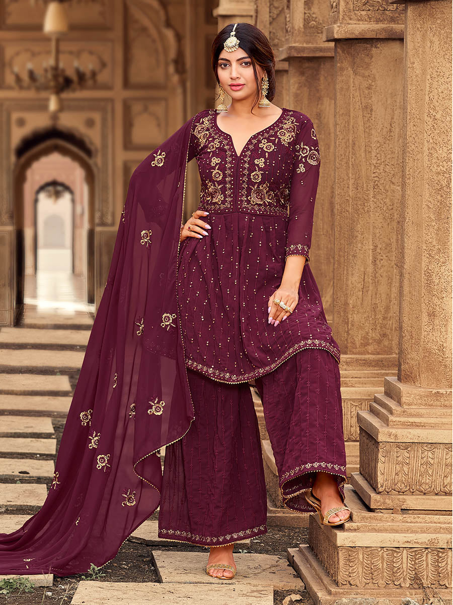 Myra Maroon heavy Georgette Koti Style Embroidered Sharara Suit | Grocsy