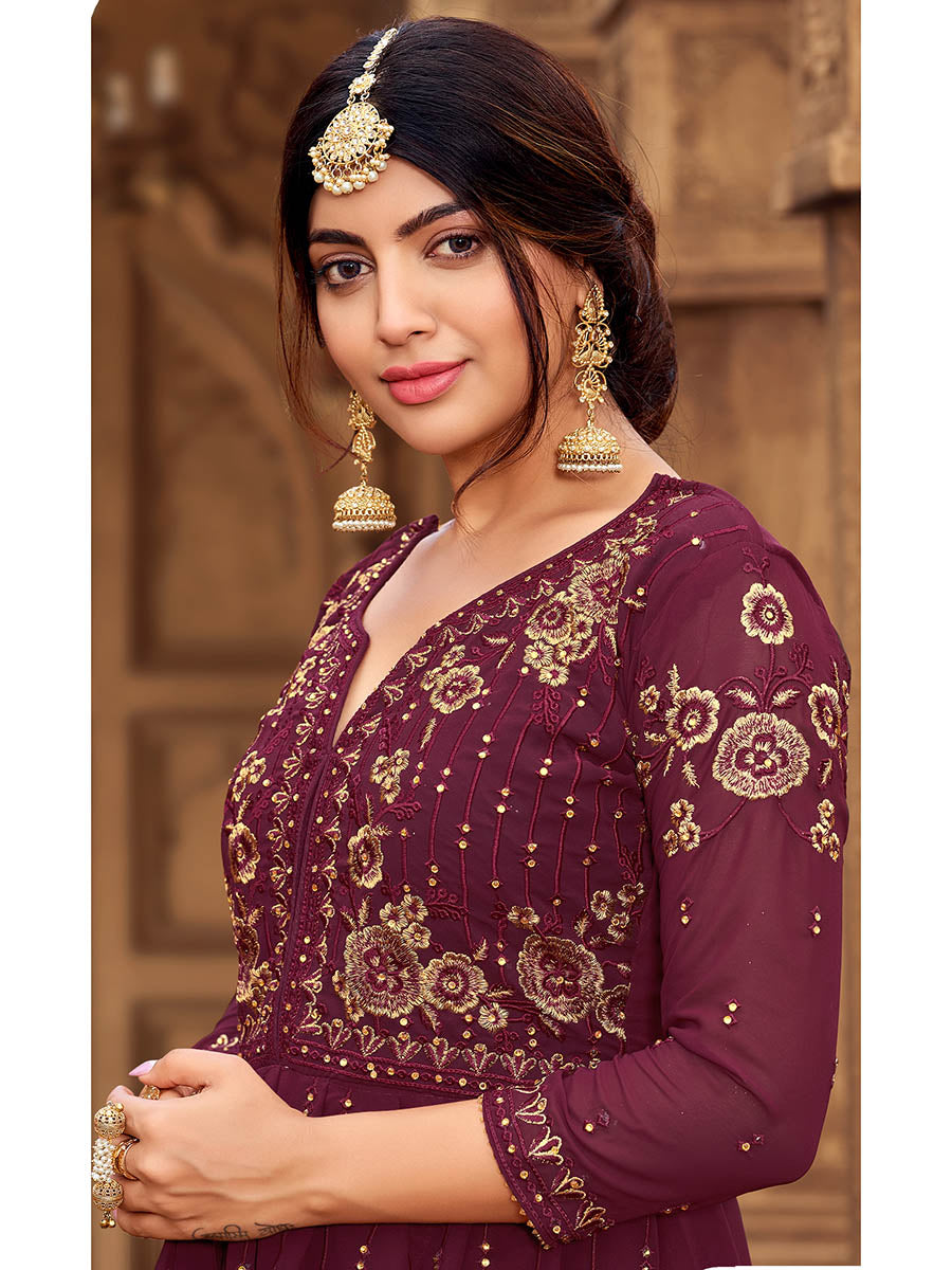 Myra Maroon heavy Georgette Koti Style Embroidered Sharara Suit | Grocsy
