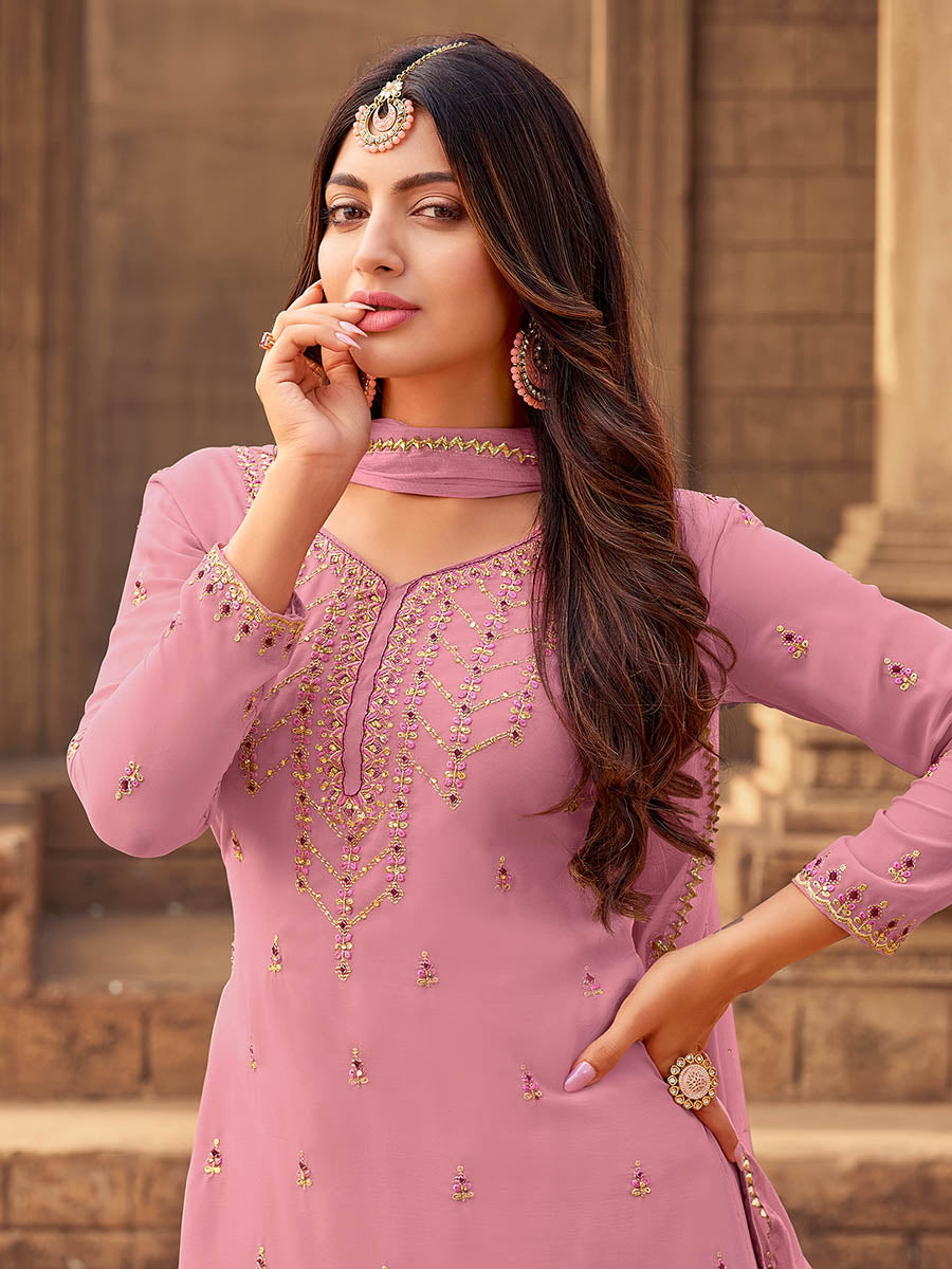 Myra Pink heavy Georgette Embroidered Sharara Suit | Grocsy