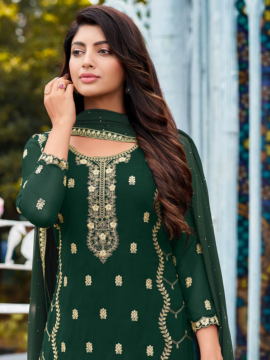 Myra Green Heavy Faux Georgette Embroidered Pant Style Suit | Grocsy