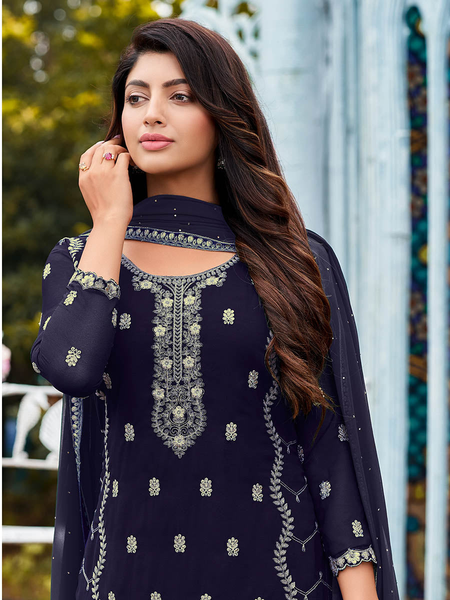 Myra Navy Blue Heavy Faux Georgette Embroidered Pant Style Suit | Grocsy