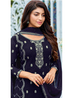 Myra Navy Blue Heavy Faux Georgette Embroidered Pant Style Suit | Grocsy