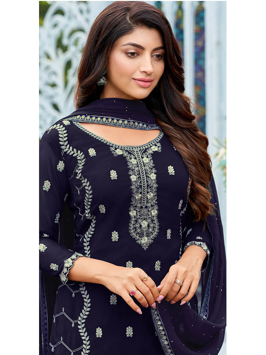 Myra Navy Blue Heavy Faux Georgette Embroidered Pant Style Suit | Grocsy