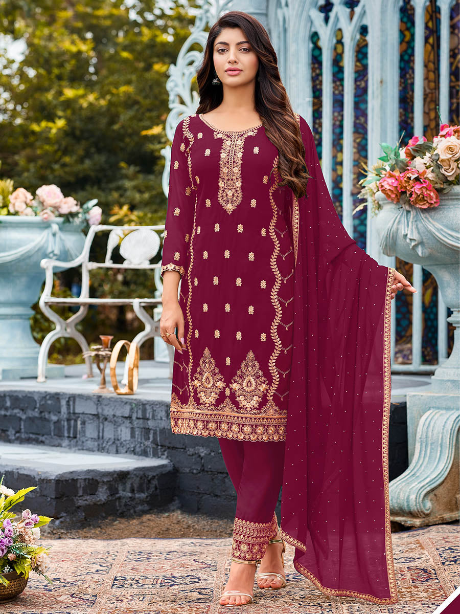 Myra Rani Heavy Faux Georgette Embroidered Pant Style Suit | Grocsy