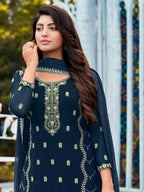 Myra Royal Blue Heavy Faux Georgette Embroidered Pant Style Suit | Grocsy