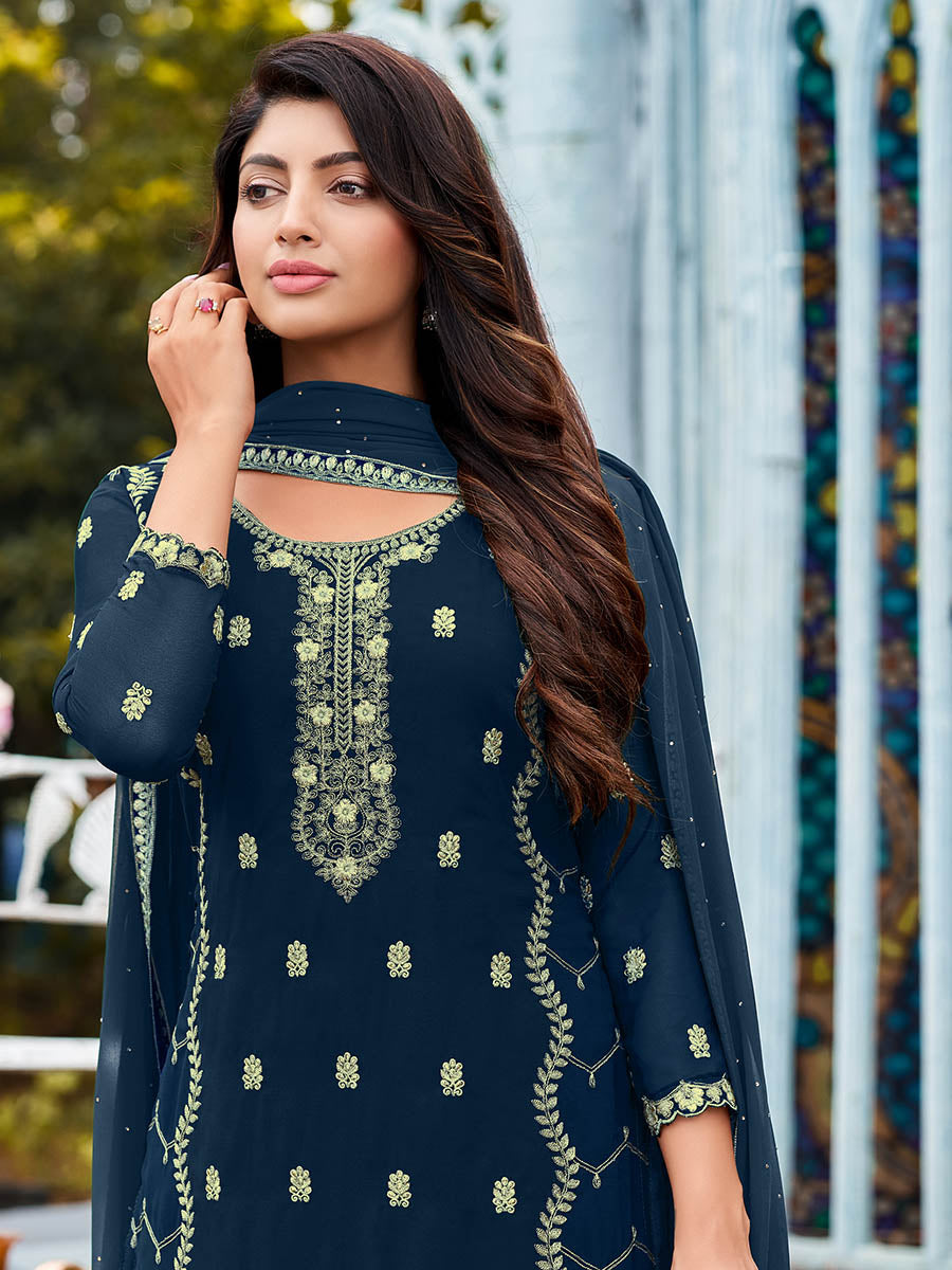Myra Royal Blue Heavy Faux Georgette Embroidered Pant Style Suit | Grocsy