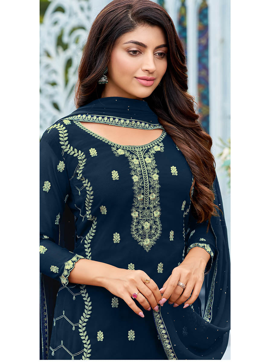 Myra Royal Blue Heavy Faux Georgette Embroidered Pant Style Suit | Grocsy