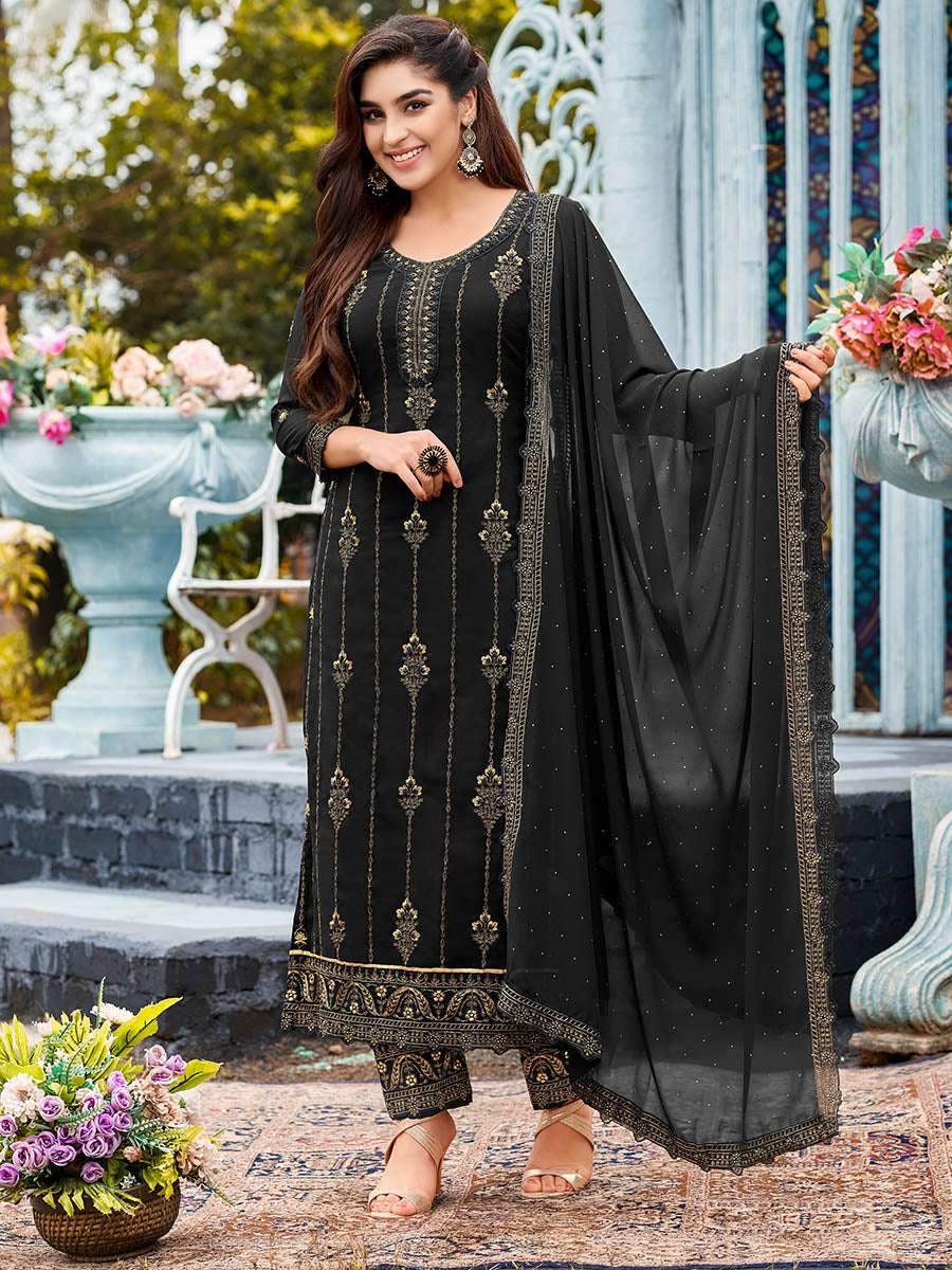 Myra Black Faux Georgette Embroidered Pant Style Suit | Grocsy