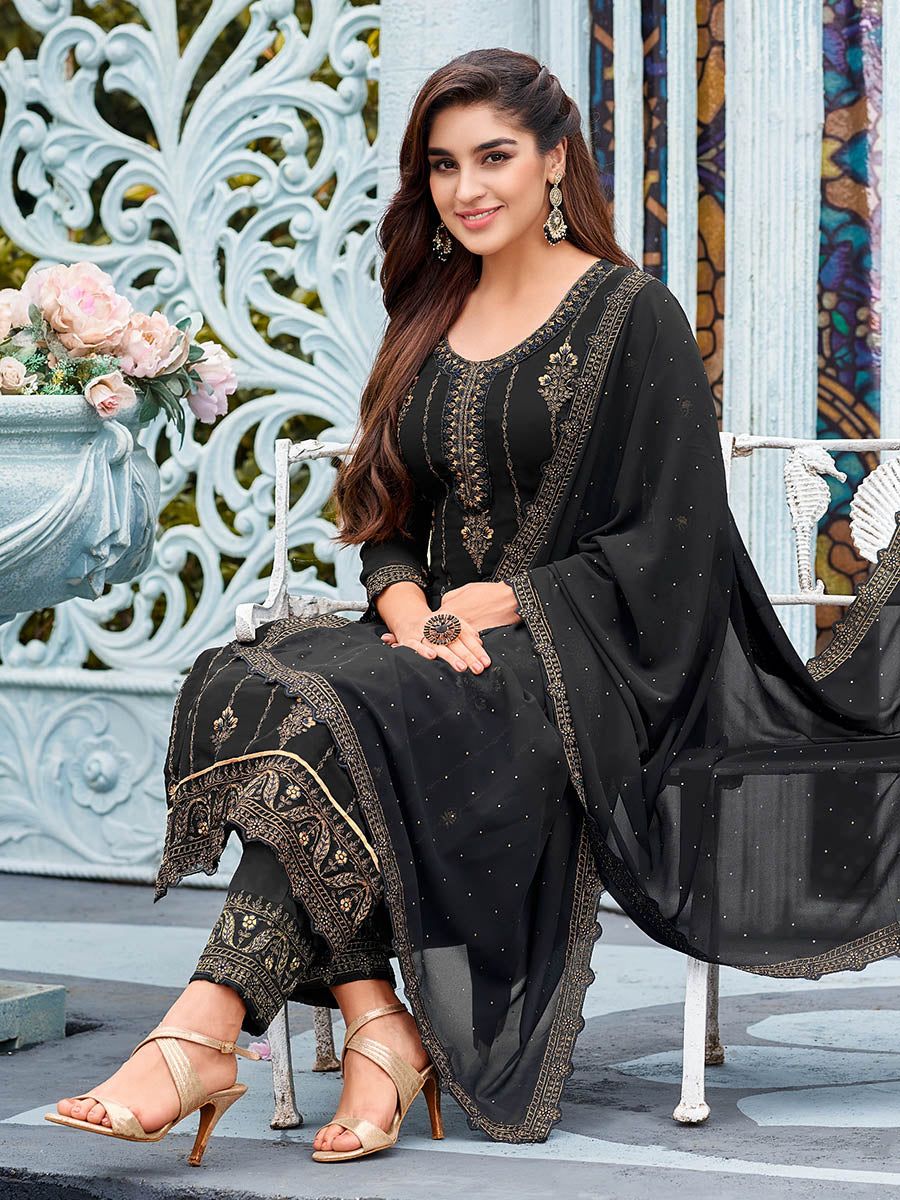 Myra Black Faux Georgette Embroidered Pant Style Suit | Grocsy