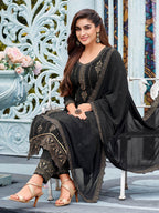 Myra Black Faux Georgette Embroidered Pant Style Suit | Grocsy