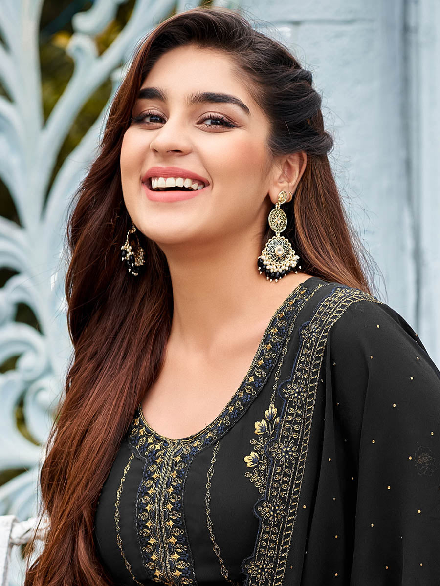 Myra Black Faux Georgette Embroidered Pant Style Suit | Grocsy