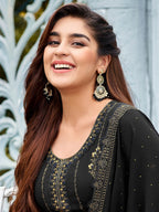 Myra Black Faux Georgette Embroidered Pant Style Suit | Grocsy