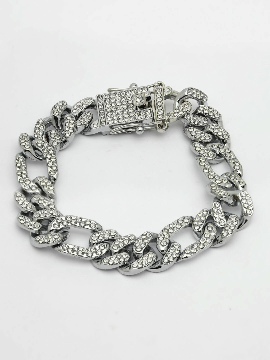 NVR Men Silver-Plated Stainless Steel American Diamond Studded Link Bracelet | Grocsy