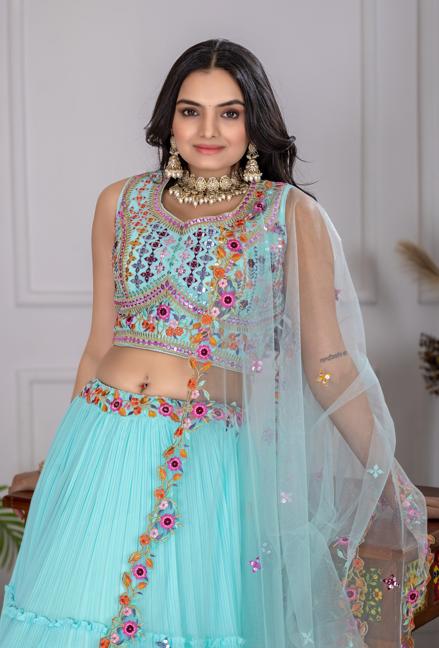 Lehenga Mart Skyblue Georgette Desigenr Wedding Lehnega Choli | Grocsy