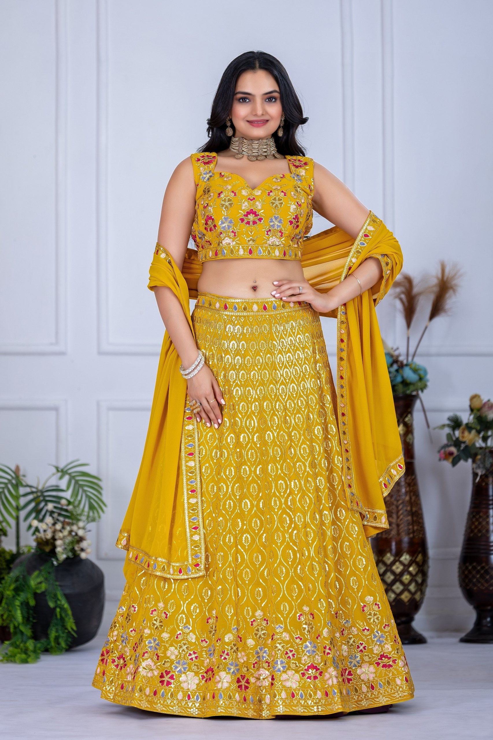 Lehenga Mart Yellow Georgette Desigenr Wedding Lehnega Choli | Grocsy