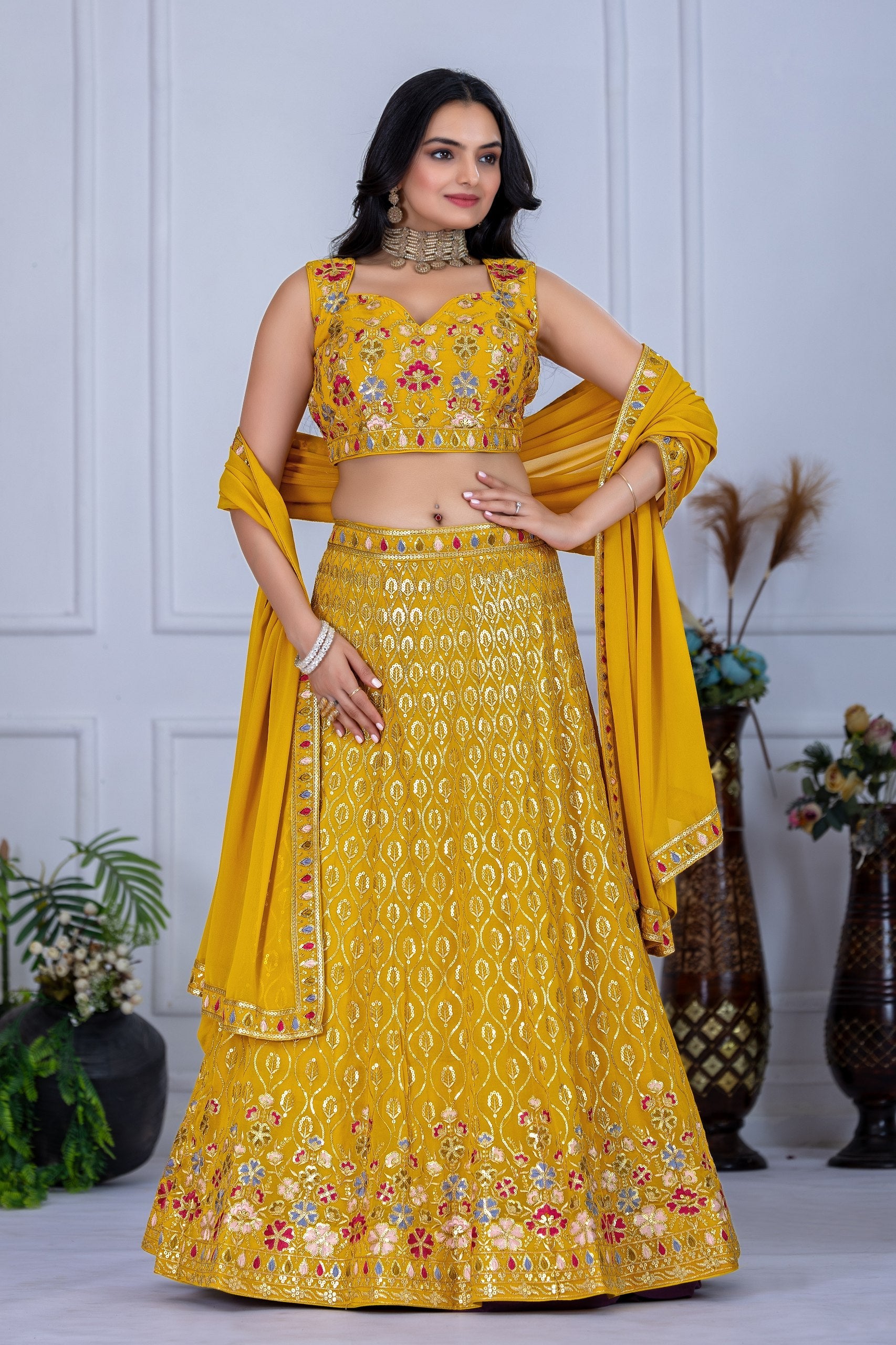 Lehenga Mart Yellow Georgette Desigenr Wedding Lehnega Choli | Grocsy